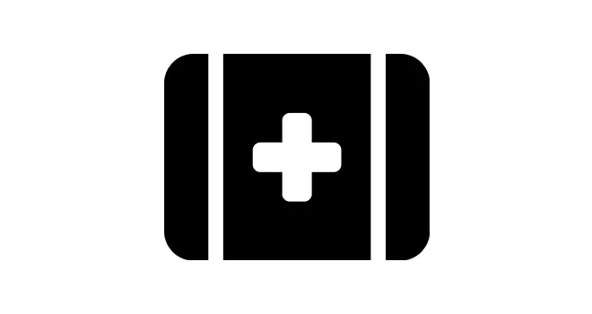 Black and white icon of a first aid kit.