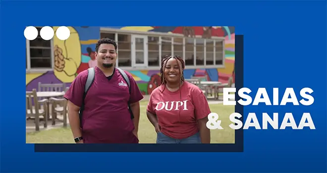TCC Transfer Students Esaias and Sanaa stand together on the OU-Tulsa campus