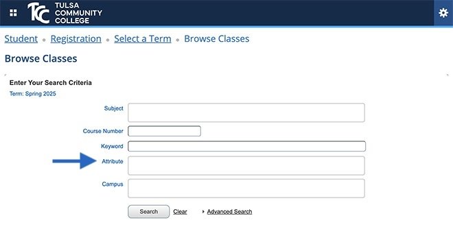 Screenshot of TCC Course Search Tool. An arrow Points at the Attribute filed.