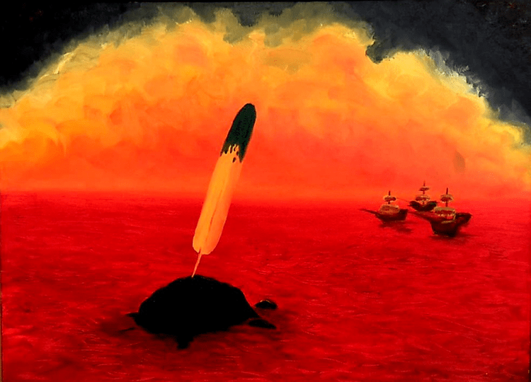 lone island in the foreground in a sea of red. A large eagle feather stand on top. In the background three sailing ships approach.